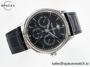 Master Ultra Thin Perpetual Calendar SS V9F 1:1 Best Edition Black Dial Diamonds Bezel on Black Leather Strap A868 V2 - Image 8