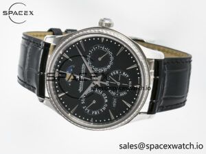 Master Ultra Thin Perpetual Calendar SS V9F 1:1 Best Edition Black Dial Diamonds Bezel on Black Leather Strap A868 V2 - Image 7