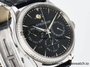 Master Ultra Thin Perpetual Calendar SS V9F 1:1 Best Edition Black Dial Diamonds Bezel on Black Leather Strap A868 V2 - Image 3