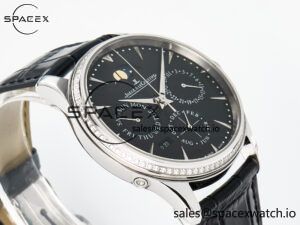 Master Ultra Thin Perpetual Calendar SS V9F 1:1 Best Edition Black Dial Diamonds Bezel on Black Leather Strap A868 V2 - Image 6