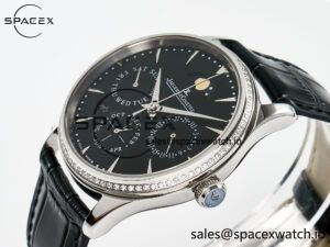 Master Ultra Thin Perpetual Calendar SS V9F 1:1 Best Edition Black Dial Diamonds Bezel on Black Leather Strap A868 V2 - Image 5
