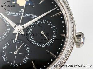 Master Ultra Thin Perpetual Calendar SS V9F 1:1 Best Edition Black Dial Diamonds Bezel on Black Leather Strap A868 V2 - Image 10