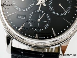 Master Ultra Thin Perpetual Calendar SS V9F 1:1 Best Edition Black Dial Diamonds Bezel on Black Leather Strap A868 V2 - Image 11