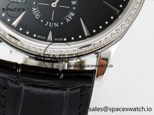 Master Ultra Thin Perpetual Calendar SS V9F 1:1 Best Edition Black Dial Diamonds Bezel on Black Leather Strap A868 V2 - Image 13