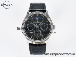 Master Ultra Thin Perpetual Calendar SS V9F 1:1 Best Edition Gray Dial Diamonds Bezel on Black Leather Strap A868 V2