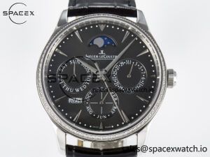 Master Ultra Thin Perpetual Calendar SS V9F 1:1 Best Edition Gray Dial Diamonds Bezel on Black Leather Strap A868 V2 - Image 2