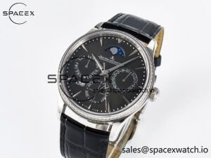 Master Ultra Thin Perpetual Calendar SS V9F 1:1 Best Edition Gray Dial Diamonds Bezel on Black Leather Strap A868 V2 - Image 4
