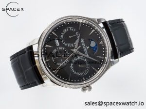 Master Ultra Thin Perpetual Calendar SS V9F 1:1 Best Edition Gray Dial Diamonds Bezel on Black Leather Strap A868 V2 - Image 8