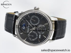 Master Ultra Thin Perpetual Calendar SS V9F 1:1 Best Edition Gray Dial Diamonds Bezel on Black Leather Strap A868 V2 - Image 7