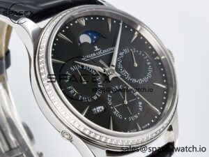 Master Ultra Thin Perpetual Calendar SS V9F 1:1 Best Edition Gray Dial Diamonds Bezel on Black Leather Strap A868 V2 - Image 3