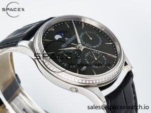 Master Ultra Thin Perpetual Calendar SS V9F 1:1 Best Edition Gray Dial Diamonds Bezel on Black Leather Strap A868 V2 - Image 6