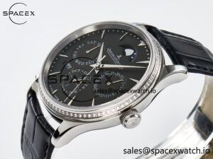 Master Ultra Thin Perpetual Calendar SS V9F 1:1 Best Edition Gray Dial Diamonds Bezel on Black Leather Strap A868 V2 - Image 5
