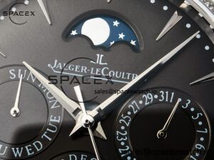Master Ultra Thin Perpetual Calendar SS V9F 1:1 Best Edition Gray Dial Diamonds Bezel on Black Leather Strap A868 V2 - Image 9