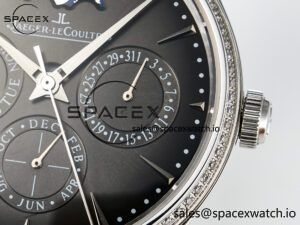 Master Ultra Thin Perpetual Calendar SS V9F 1:1 Best Edition Gray Dial Diamonds Bezel on Black Leather Strap A868 V2 - Image 10