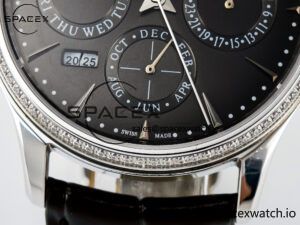 Master Ultra Thin Perpetual Calendar SS V9F 1:1 Best Edition Gray Dial Diamonds Bezel on Black Leather Strap A868 V2 - Image 11
