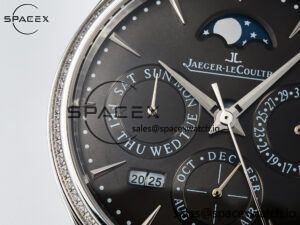 Master Ultra Thin Perpetual Calendar SS V9F 1:1 Best Edition Gray Dial Diamonds Bezel on Black Leather Strap A868 V2 - Image 12