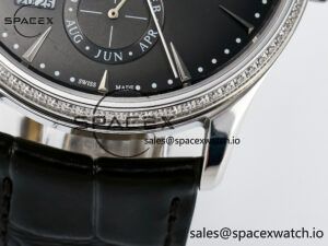 Master Ultra Thin Perpetual Calendar SS V9F 1:1 Best Edition Gray Dial Diamonds Bezel on Black Leather Strap A868 V2 - Image 13