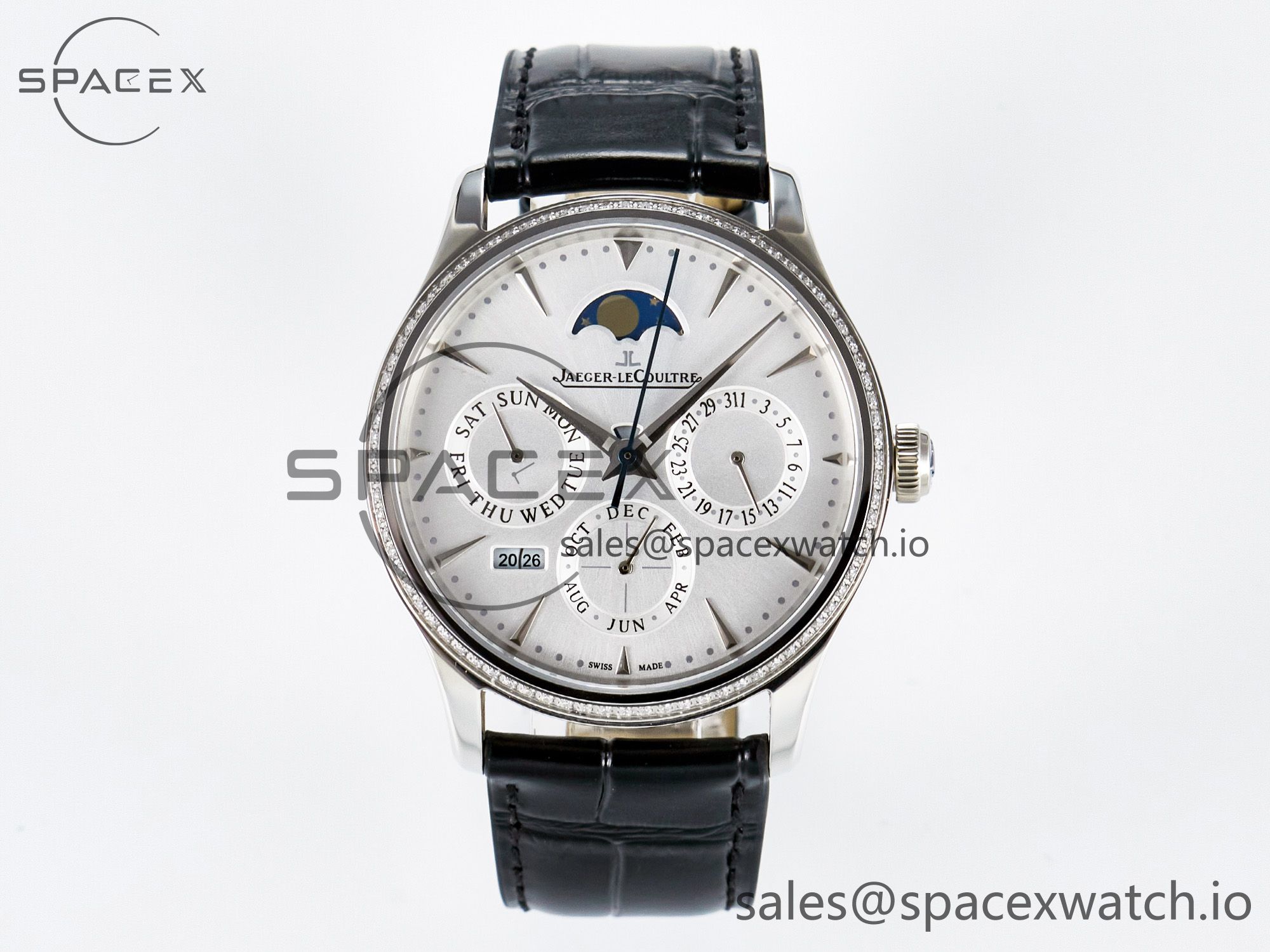 IMG_1978 拷贝 Master Ultra Thin Perpetual Calendar SS V9F 1:1 Best Edition White Dial Diamonds Bezel on Black Leather Strap A868 V2 - Image 1