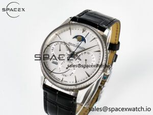 Master Ultra Thin Perpetual Calendar SS V9F 1:1 Best Edition White Dial Diamonds Bezel on Black Leather Strap A868 V2 - Image 4