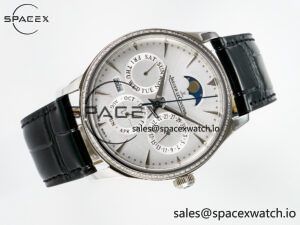 Master Ultra Thin Perpetual Calendar SS V9F 1:1 Best Edition White Dial Diamonds Bezel on Black Leather Strap A868 V2 - Image 8