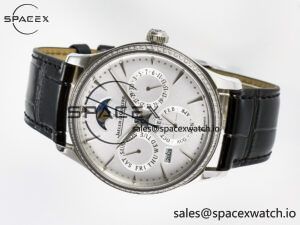 Master Ultra Thin Perpetual Calendar SS V9F 1:1 Best Edition White Dial Diamonds Bezel on Black Leather Strap A868 V2 - Image 7