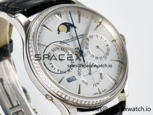 Master Ultra Thin Perpetual Calendar SS V9F 1:1 Best Edition White Dial Diamonds Bezel on Black Leather Strap A868 V2 - Image 3