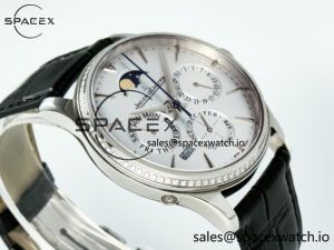 Master Ultra Thin Perpetual Calendar SS V9F 1:1 Best Edition White Dial Diamonds Bezel on Black Leather Strap A868 V2 - Image 6