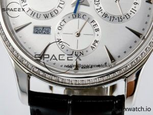 Master Ultra Thin Perpetual Calendar SS V9F 1:1 Best Edition White Dial Diamonds Bezel on Black Leather Strap A868 V2 - Image 11