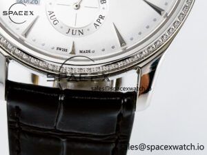 Master Ultra Thin Perpetual Calendar SS V9F 1:1 Best Edition White Dial Diamonds Bezel on Black Leather Strap A868 V2 - Image 13