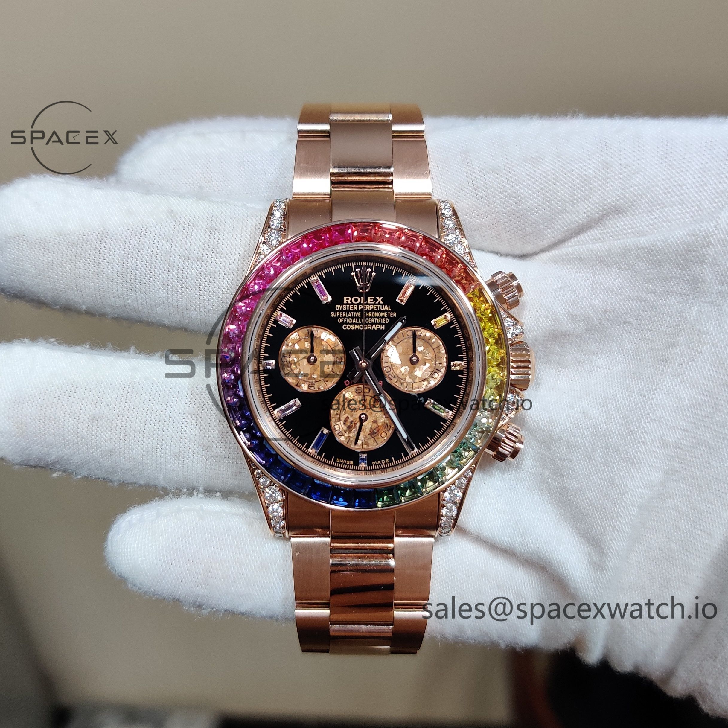 IMG_20220712_154643__01 Rolex Daytona Series 116595RBOW Rainbow Di 1:1 Customized 18K Pure Gold Case, Strap, Buckle, Customized Best Dial, Natural Sapphire Rainbow Outer Ring, Dandong 4130 Movement - Image 1