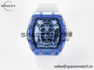 RM52-01 Blue Transparent Tourbillon MSF Best Edition Skull Dial on White Rubber Strap