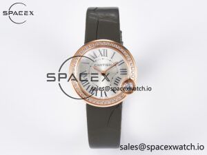 Ballon Blanc De Cartier 30mm RG DRF 1:1 Best Edition Silvered Texture Dial Diamonds Bezel on Green Leather Strap Ronda Quartz
