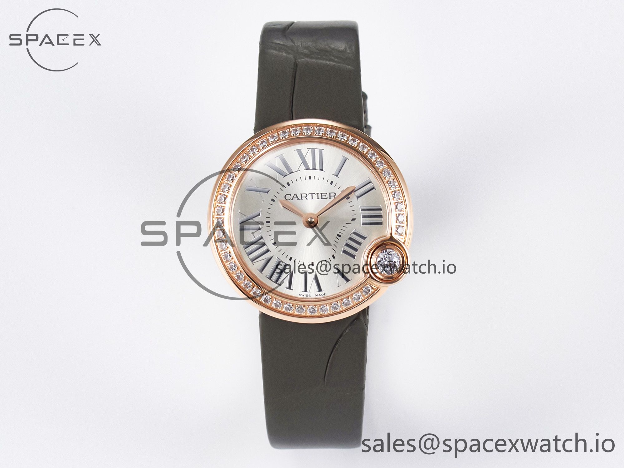 IMG_3420 拷贝 Ballon Blanc De Cartier 30mm RG DRF 1:1 Best Edition Silvered Texture Dial Diamonds Bezel on Green Leather Strap Ronda Quartz - Image 1