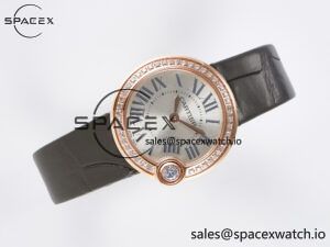 Ballon Blanc De Cartier 30mm RG DRF 1:1 Best Edition Silvered Texture Dial Diamonds Bezel on Green Leather Strap Ronda Quartz - Image 8