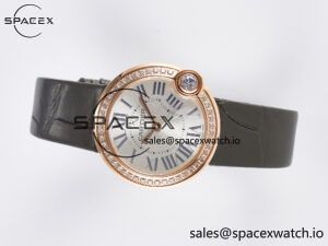 Ballon Blanc De Cartier 30mm RG DRF 1:1 Best Edition Silvered Texture Dial Diamonds Bezel on Green Leather Strap Ronda Quartz - Image 7
