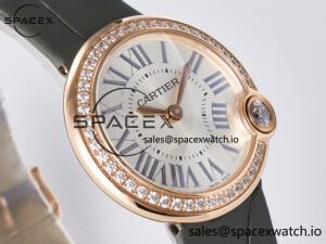 Ballon Blanc De Cartier 30mm RG DRF 1:1 Best Edition Silvered Texture Dial Diamonds Bezel on Green Leather Strap Ronda Quartz - Image 3
