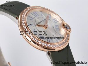 Ballon Blanc De Cartier 30mm RG DRF 1:1 Best Edition Silvered Texture Dial Diamonds Bezel on Green Leather Strap Ronda Quartz - Image 6