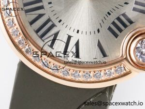 Ballon Blanc De Cartier 30mm RG DRF 1:1 Best Edition Silvered Texture Dial Diamonds Bezel on Green Leather Strap Ronda Quartz - Image 11