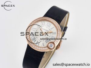 Ballon Blanc De Cartier 30mm RG DRF 1:1 Best Edition Silvered Texture Dial Diamonds Bezel on Black Leather Strap Ronda Quartz - Image 4
