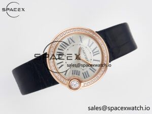 Ballon Blanc De Cartier 30mm RG DRF 1:1 Best Edition Silvered Texture Dial Diamonds Bezel on Black Leather Strap Ronda Quartz - Image 8