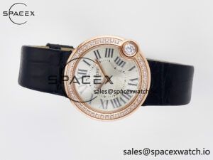 Ballon Blanc De Cartier 30mm RG DRF 1:1 Best Edition Silvered Texture Dial Diamonds Bezel on Black Leather Strap Ronda Quartz - Image 7
