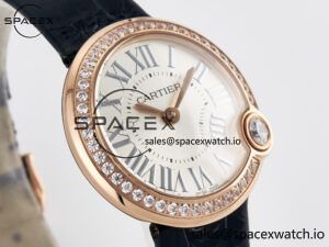 Ballon Blanc De Cartier 30mm RG DRF 1:1 Best Edition Silvered Texture Dial Diamonds Bezel on Black Leather Strap Ronda Quartz - Image 3