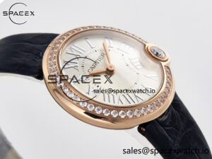 Ballon Blanc De Cartier 30mm RG DRF 1:1 Best Edition Silvered Texture Dial Diamonds Bezel on Black Leather Strap Ronda Quartz - Image 6
