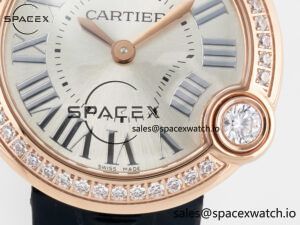Ballon Blanc De Cartier 30mm RG DRF 1:1 Best Edition Silvered Texture Dial Diamonds Bezel on Black Leather Strap Ronda Quartz - Image 9