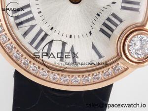 Ballon Blanc De Cartier 30mm RG DRF 1:1 Best Edition Silvered Texture Dial Diamonds Bezel on Black Leather Strap Ronda Quartz - Image 11