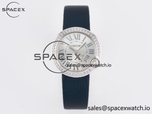 Ballon Blanc De Cartier 30mm SS DRF 1:1 Best Edition Silvered Texture Dial Diamonds Bezel on Blue Calfskin Strap Ronda Quartz