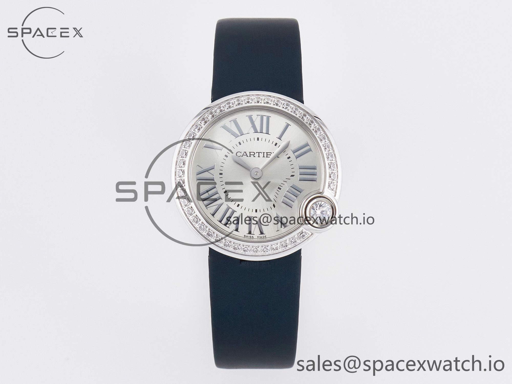 IMG_3554 拷贝 Ballon Blanc De Cartier 30mm SS DRF 1:1 Best Edition Silvered Texture Dial Diamonds Bezel on Blue Calfskin Strap Ronda Quartz - Image 1