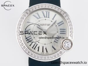 Ballon Blanc De Cartier 30mm SS DRF 1:1 Best Edition Silvered Texture Dial Diamonds Bezel on Blue Calfskin Strap Ronda Quartz - Image 2