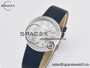 Ballon Blanc De Cartier 30mm SS DRF 1:1 Best Edition Silvered Texture Dial Diamonds Bezel on Blue Calfskin Strap Ronda Quartz - Image 4