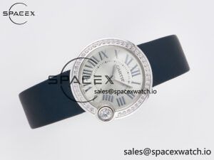 Ballon Blanc De Cartier 30mm SS DRF 1:1 Best Edition Silvered Texture Dial Diamonds Bezel on Blue Calfskin Strap Ronda Quartz - Image 8